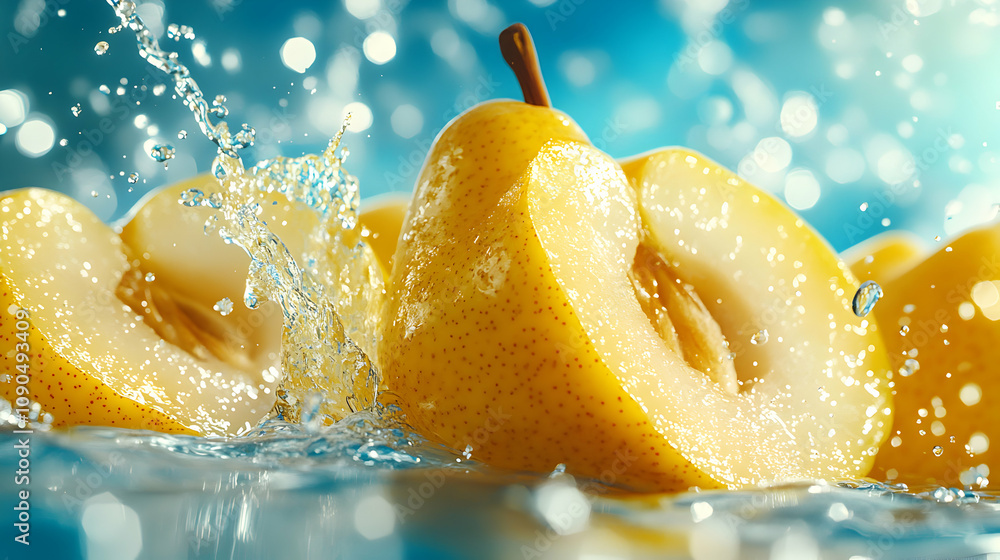 Poster juicy yellow pears splashing in refreshing water: a vibrant 3d render of sliced pears submerged, cre