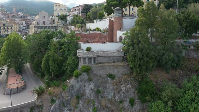 Aerial view of the cliffs and the central part of the town of Vietri Sul Mare on a sunny summer day, Raite, Salerno, Italy