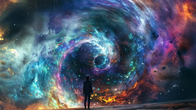 A solitary figure stands on a desolate landscape beneath a swirling, colorful nebulae that forms a cosmic portal
