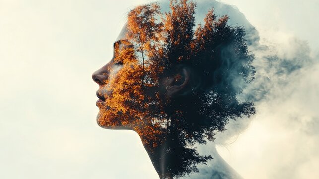 A serene portrait of a woman with a mesmerizing double exposure of autumn trees and misty clouds, evoking harmony with nature.