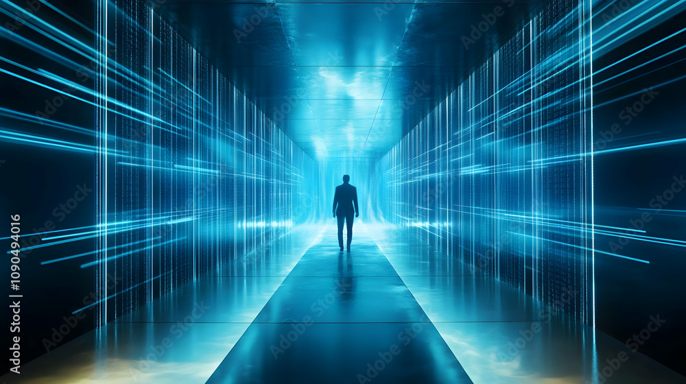 Poster digital corridor: a 3d abstract background of a man walking through a futuristic data stream, illumi
