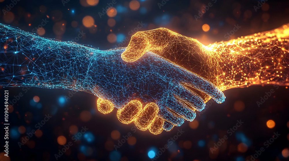 Poster abstract 3d digital handshake: networked collaboration in glowing bokeh background