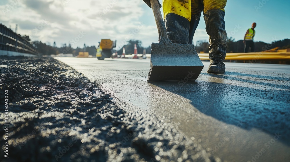Poster an intense close-up of a concrete worker smoothing concrete on a highway construction project, highw