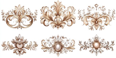 Exquisite Antique Lace Decorations with Antique Bronze Elements: Symmetrical Swirls & Delicate Flat Patterns in High-Resolution, Elegant Vector Illustrations for Professional Use