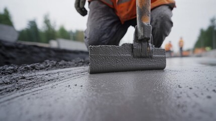 An intense close-up of a concrete worker smoothing concrete on a highway construction project, Highway construction concrete finishing scene, Methodical and precise style