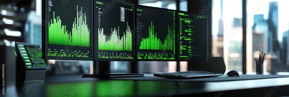 Poster A modern workspace with multiple screens displaying data analytics and graphs.