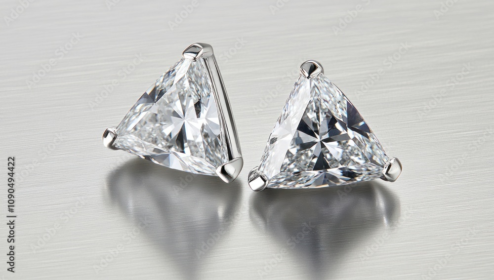 Poster two triangular diamond earrings displayed on a reflective surface.