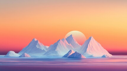 Majestic Snowy Peaks Under a Serene Sunset with Pink and Orange Skies Reflecting on Calm Glacial Waters in a Tranquil Arctic Landscape