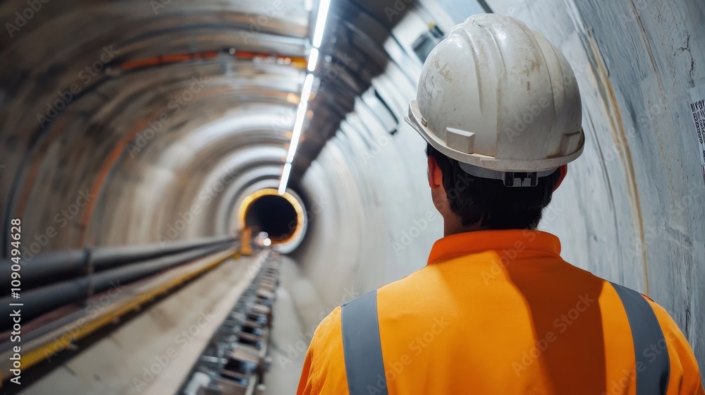 Fototapete an intense close-up of a tunnel construction engineer inspecting tunnel boring machine components un