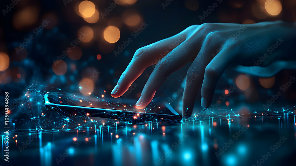 Poster 3d abstract background: hand interacting with a digital network on a smartphone