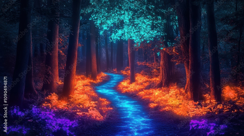 Poster enchanted forest pathway with vibrant colors and glittering stream, surrounded by lush trees and ill