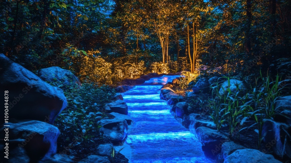 Poster enchanted nighttime stream with glow in the dark waters surrounded by lush greenery and illuminated 