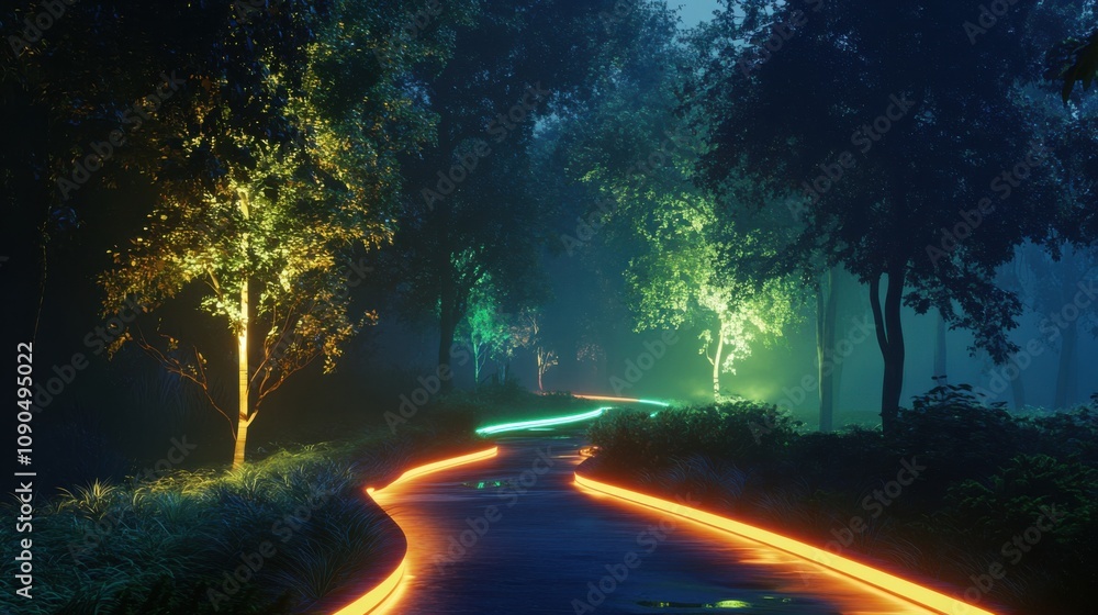 Poster enchanted path through a misty forest with glowing trails of light illuminating the trees and ground