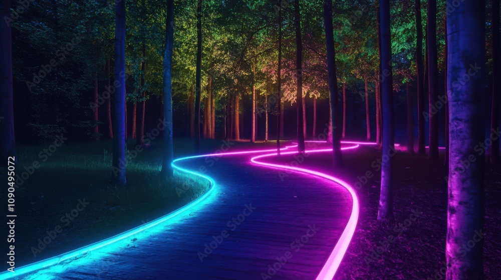 Poster vibrant neon pathway through enchanted forest with lush trees and ethereal glow creating a dreamlike