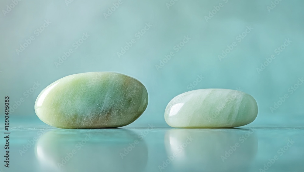 Poster Two smooth, polished stones with a soft green hue resting on a reflective surface.