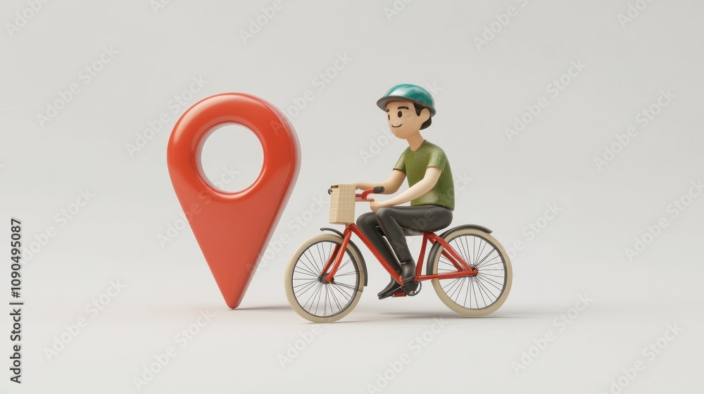 Poster a cartoon character riding a bicycle next to a location pin symbolizing navigation.