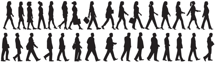 silhouettes of business people, men and a women, a group of walking people, profile, black color isolated on white background