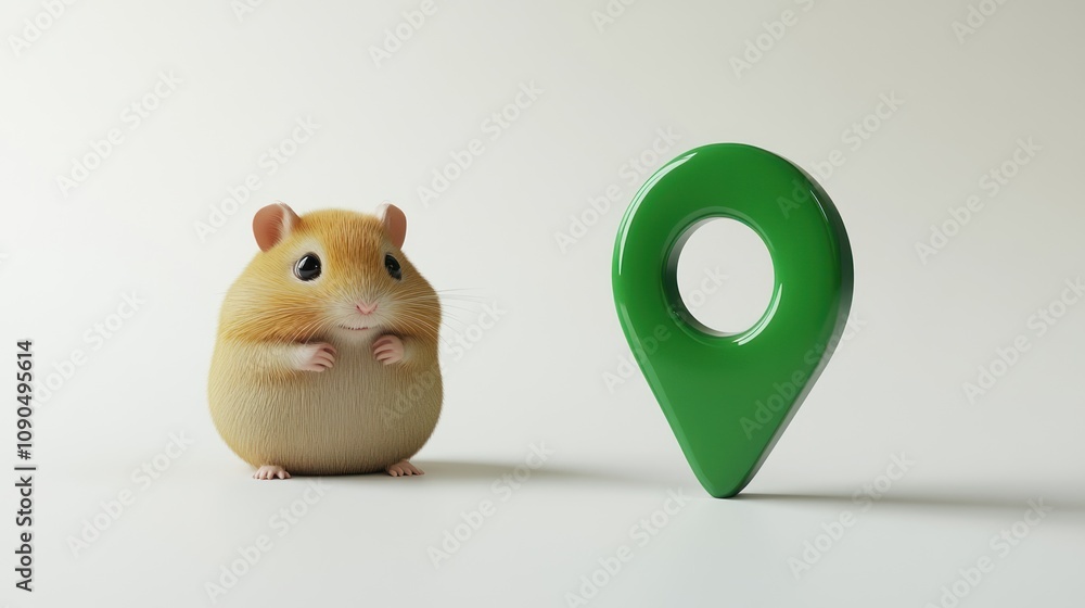 Aufkleber a cute hamster stands beside a green location pin, symbolizing navigation or mapping.