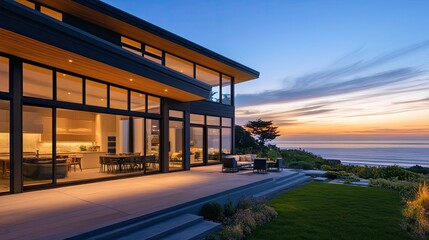 Fototapeta premium Modern luxury home with expansive windows overlooking the ocean at sunset.