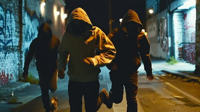 Criminals wearing hoodies and mask running chasing on a street at night