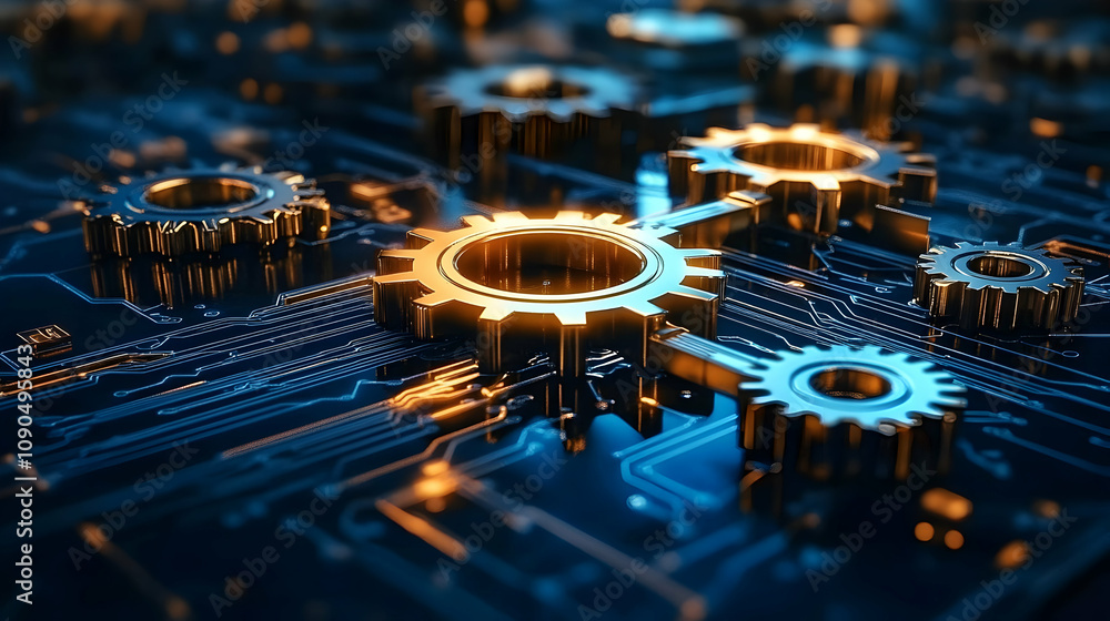Poster 3d render: golden gears intermeshing on a circuit board, illustrating complex technological synergy