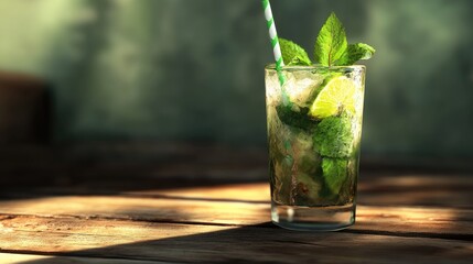 A refreshing mint mojito in a glass with a green-striped straw, garnished with fresh mint leaves and lime.