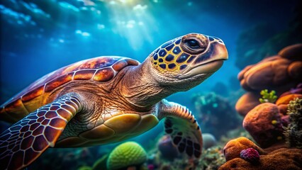 Fototapeta premium Close-Up of a Majestic Turtle in Its Natural Habitat with Vibrant Colors and Detailed Texture, Perfect for Nature Enthusiasts and Conservation Awareness Campaigns