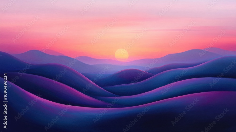 Poster serene sunset over rolling hills with soft color gradients and peaceful atmosphere, creating a tranq