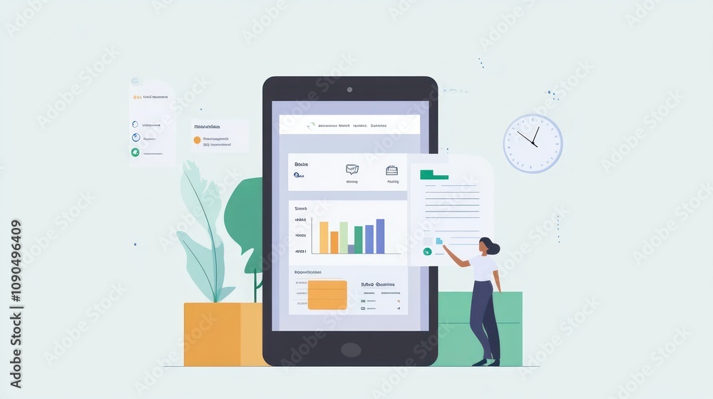 Poster Illustration of a tablet displaying data analytics with a person interacting with it.