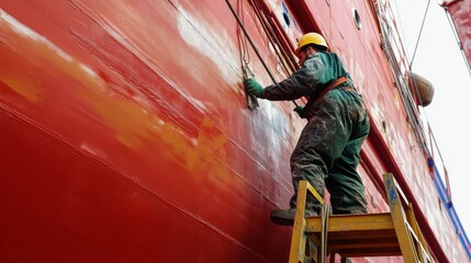 An intense close-up of an industrial painter applying corrosion-resistant coatings on steel structures at a shipyard, Shipyard coating application scene, Methodical and protective style