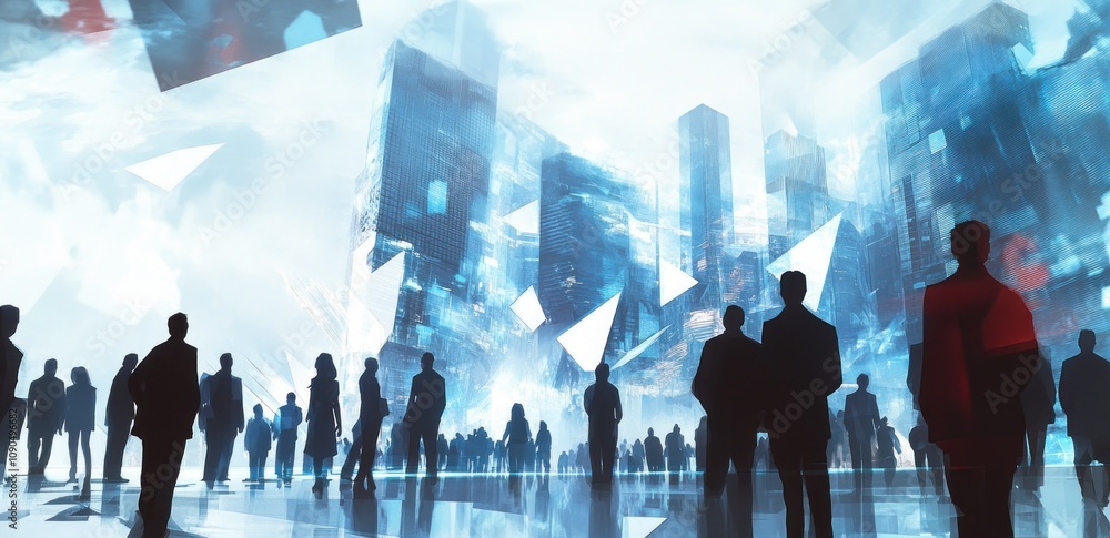 Poster silhouetted figures in a futuristic cityscape with abstract geometric elements.