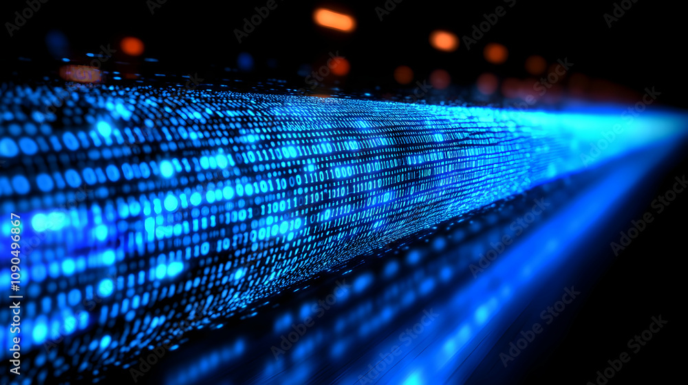 Poster abstract 3d digital data stream flowing rapidly in a dark background