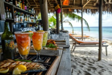 Beach bar drinks, fish, and lemons.