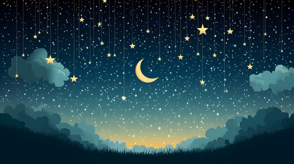 Naklejka premium Dreamy Night Sky Illustration: Hanging Stars, Crescent Moon, and Peaceful Landscape