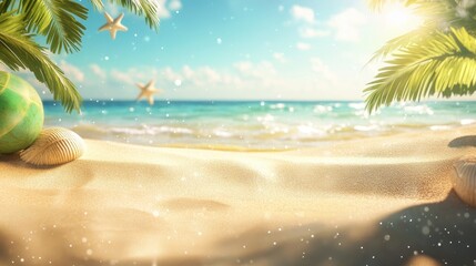 Obraz premium A serene beach scene with golden sand, sea shells, and palm leaves against a sparkling ocean backdrop.