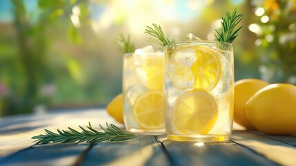 Fototapeta premium Refreshing lemonade with lemon slices and rosemary in sunlight, creating a bright summer vibe.