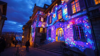Fototapeta premium Vibrant light projections adorn a building at dusk.