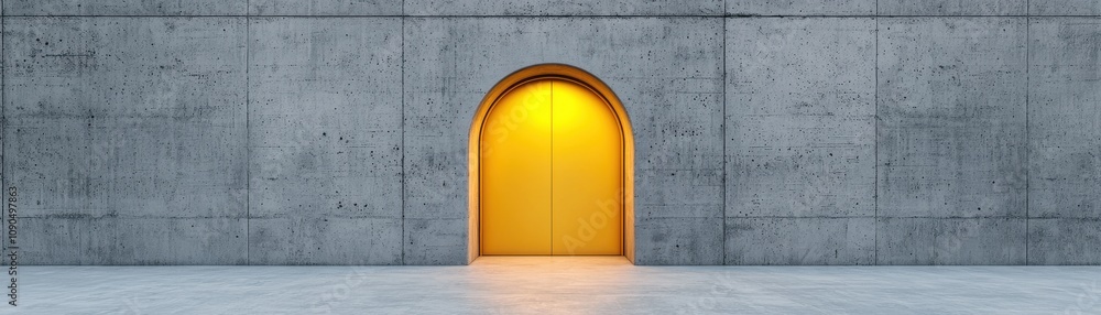 Poster a minimalistic concrete wall features an arched door illuminated with a warm yellow glow, creating a