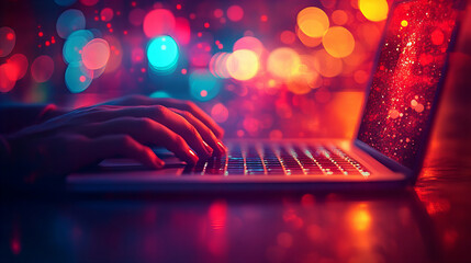 close up of hands typing on laptop, illuminated by colorful bokeh lights, creating vibrant and dynamic atmosphere. scene evokes creativity and focus