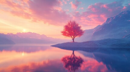 Fototapeta premium Serene Landscape with Vibrant Pink Sky, Reflective Water and Lonely Tree Amidst Majestic Mountains at Dawn