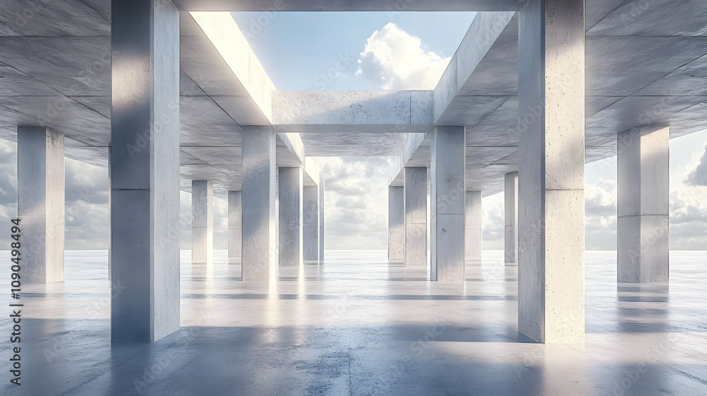Poster abstract 3d rendering of a concrete structure with sky background