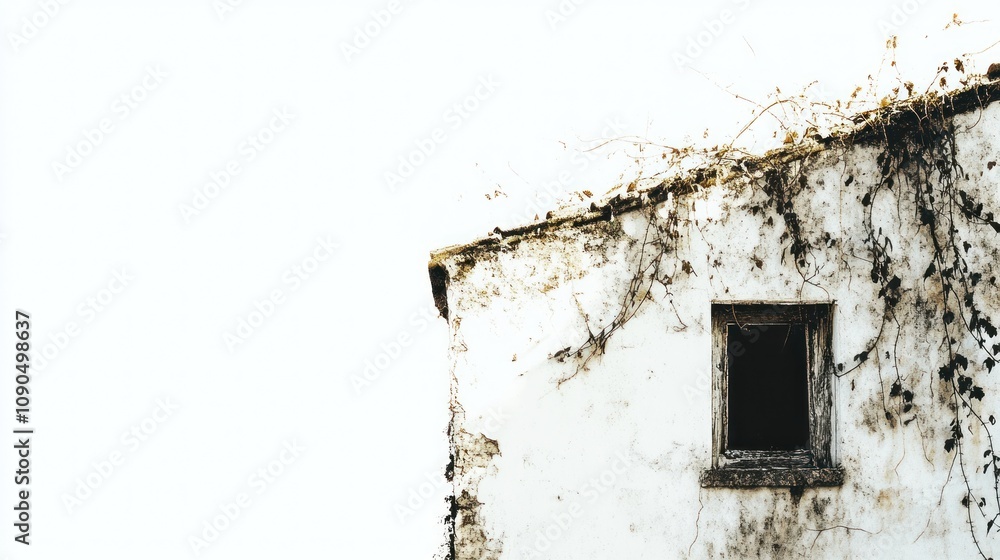 Poster a weathered building with a single window, partially covered in vines against a light background.