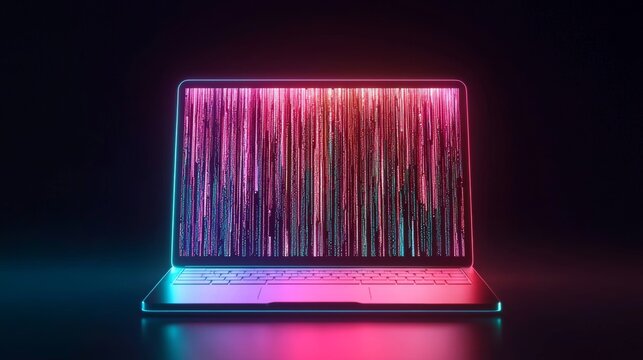 Vibrant online course ad, open laptop with coding screen, modern typography, dark background with colorful accents, perfect for tech education ads