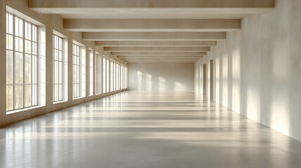 Fototapeta premium Sunlit Empty Hallway with Large Windows, Concrete Walls, and Polished Floor: A Minimalist Architectural 3D Rendering