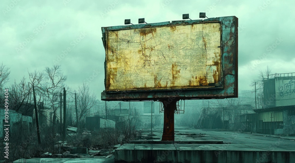 Poster A weathered, empty billboard stands in a desolate, abandoned landscape under a cloudy sky.