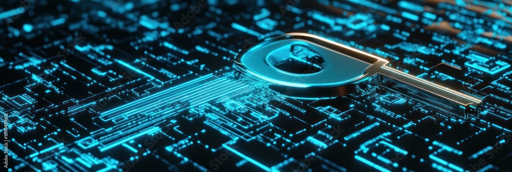 Poster a digital key symbolizing cybersecurity on a circuit board background.