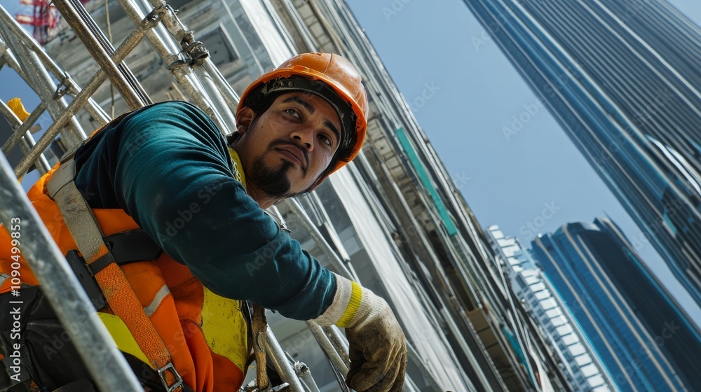 Aufkleber an intense portrait of a scaffolder assembling scaffolding at a high-rise construction site, scaffol