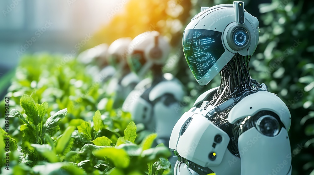 Poster 3d rendering humanoid robot working in the garden with green plant background - generated ai