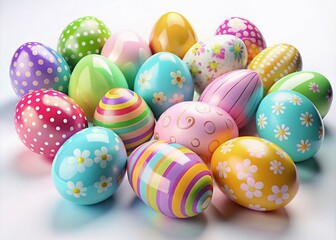 Fototapeta premium Cute Colorful Easter Eggs Collection in Pastel Shades - 3D Rendered Isolated on White Background for Spring and Holiday Celebrations