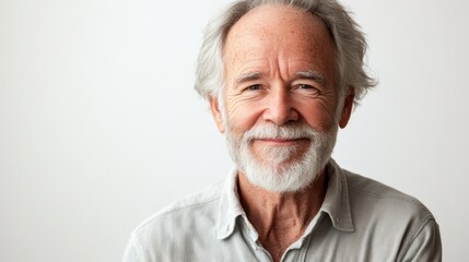 Obraz premium A smiling elderly man with a beard against a plain background.